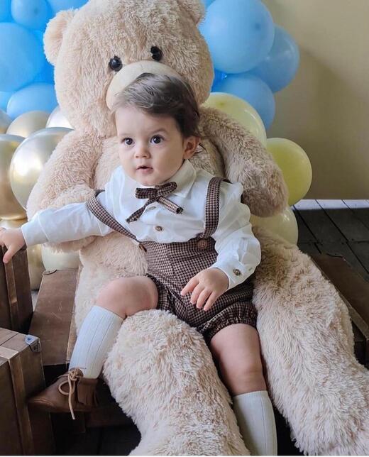 Kahve Kareli Şortlu Salopet - Görsel 1