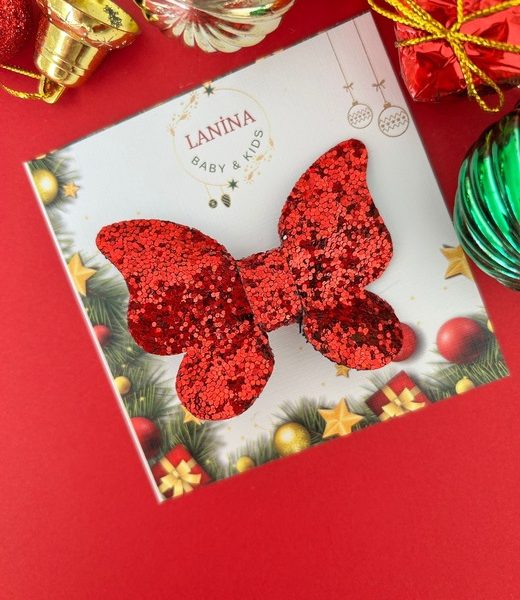 Glitter Kelebek Kırmızı Saçsız Bebek Toka
